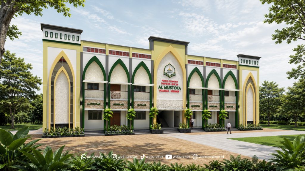 Perspektif Fasad Desain Pondok Pesantren Modern Al Mustofa Kebumen Yang Memadukan Identitas Arsitektur Islam Dan Desain Kontemporer.