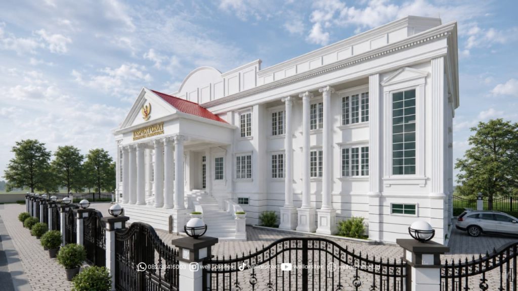 Desain Gedung Inspektorat Kabupaten Temanggung Mengusung Konsep Arsitektur Neoklasik Yang Menghadirkan Bangunan Pemerintahan Dengan Karakter Megah, Simetris, Elegan, Dan Fungsional Sebagai Identitas Institusi Publik Yang Representatif.