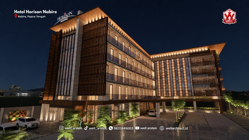 Desain Hotel Horison Carmel Nabire Tampak Depan Siang Dengan Konsep Modern Tropical