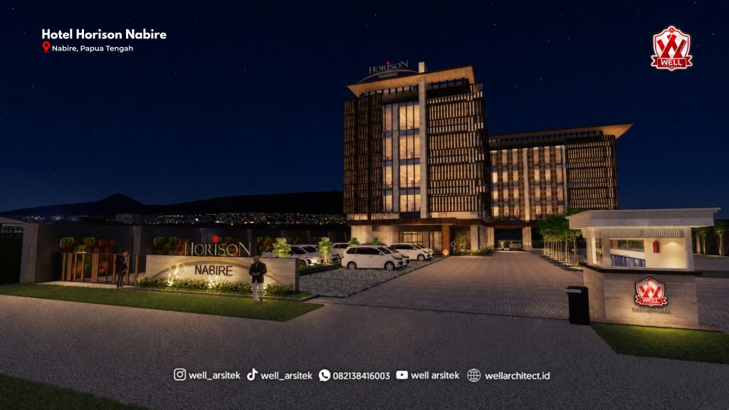 Perspektif Eksterior Hotel Horison Carmel Nabire Pada Malam Hari