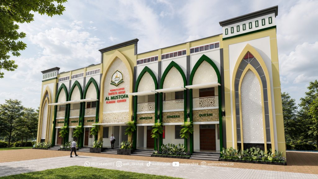 Visual Final Desain Pondok Pesantren Modern Al Mustofa Kebumen Bergaya Contemporary Islamic Architecture Hasil Perancangan Well Arsitek Indonesia.