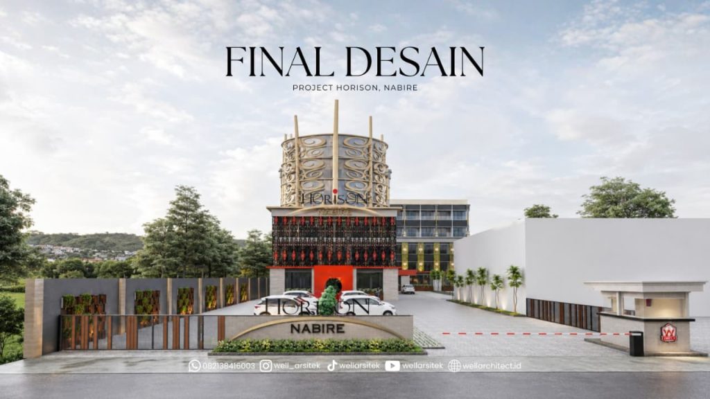 Perspektif Depan Hotel Horison Nabire Dengan Desain Arsitektur Modern Yang Mengangkat Identitas Budaya Papua.