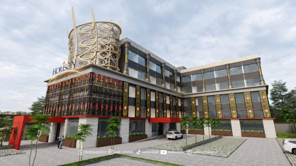 Area Entrance Hotel Horison Nabire Dengan Desain Modern Yang Memadukan Elemen Arsitektur Kontemporer Dan Identitas Papua.