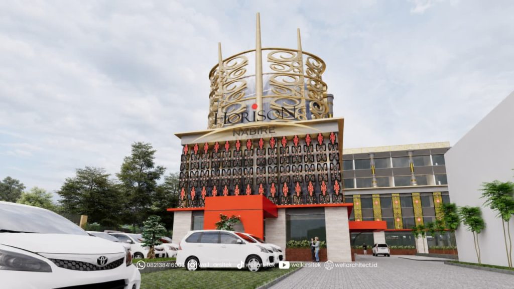 Tampak Sudut Hotel Horison Nabire Menampilkan Fasad Modern Kontemporer Dengan Inspirasi Budaya Papua.